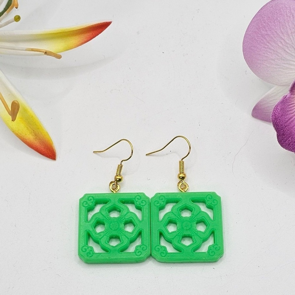 Neon Green Medium Jade Tile Drop Statement Dangle Earrings Hooks Tiki Retro VLV
